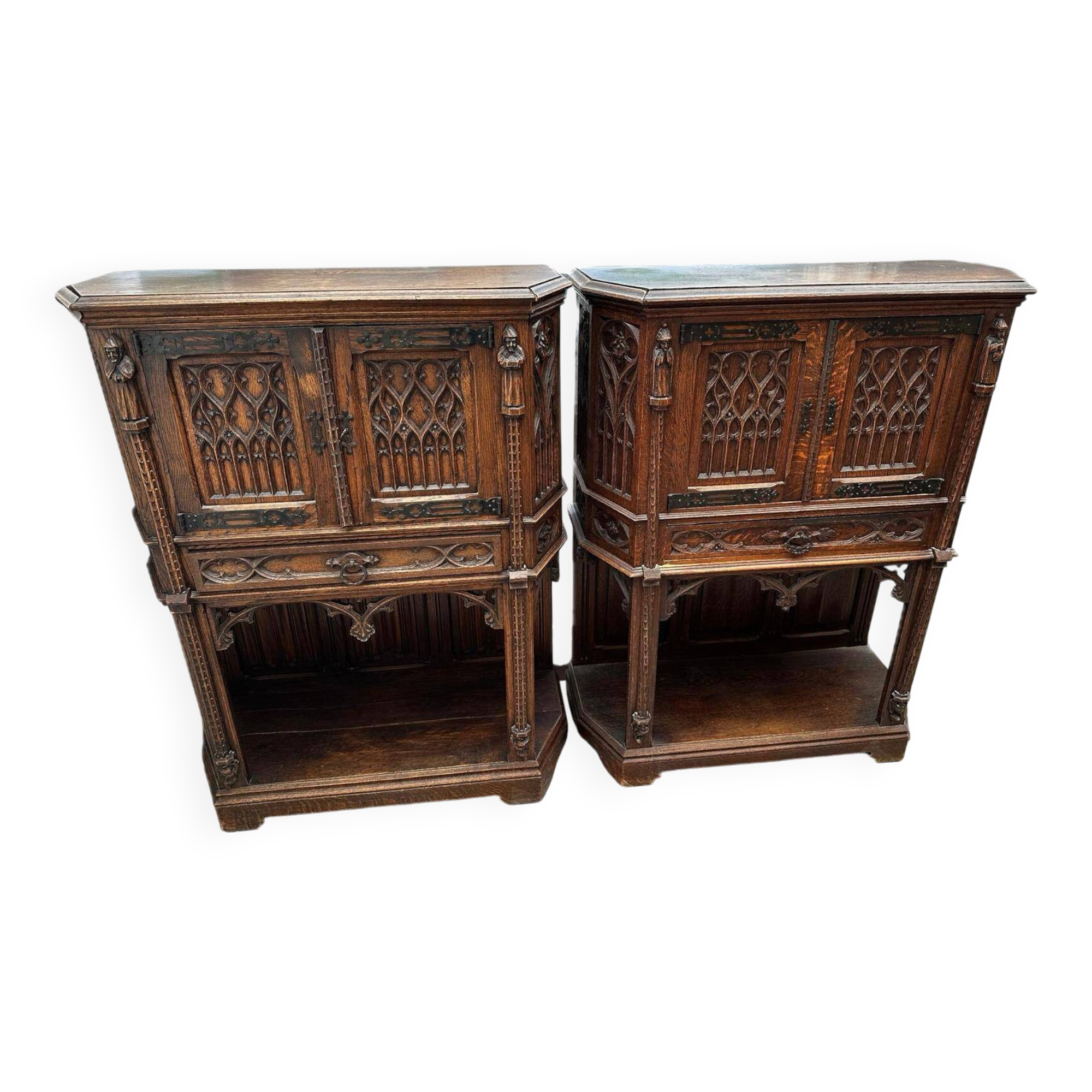 Pair of Gothic style cabinets in dark oak from the 19th century.