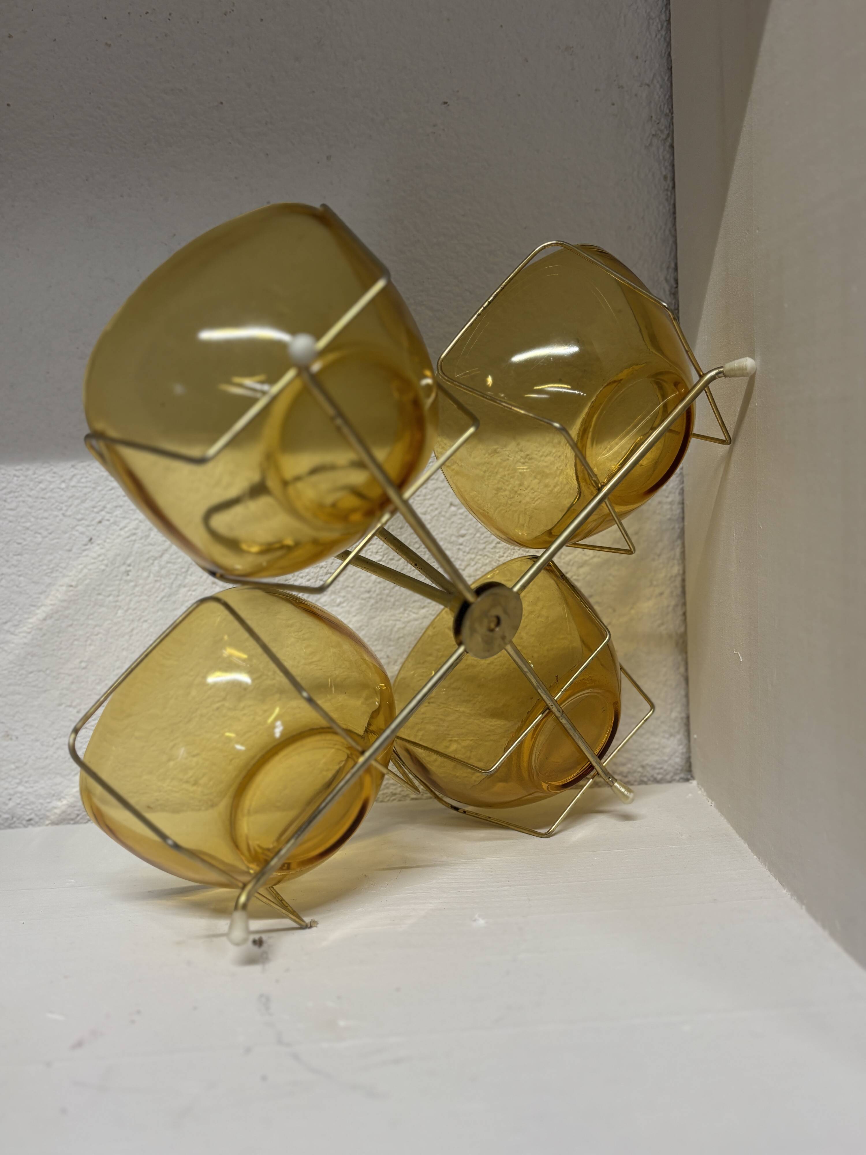 Vintage Aperitif Tray by Vereco Amber Glass and Gold Metal ⎥ 1970s