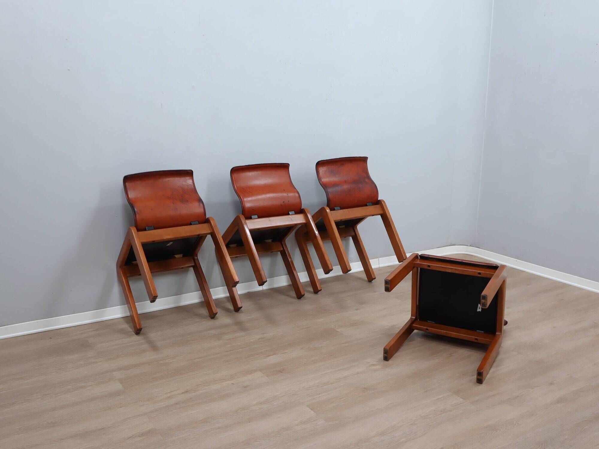 Curved wooden and leather chairs by Afra and Tobia Scarpa from the 1970s, set of 4.