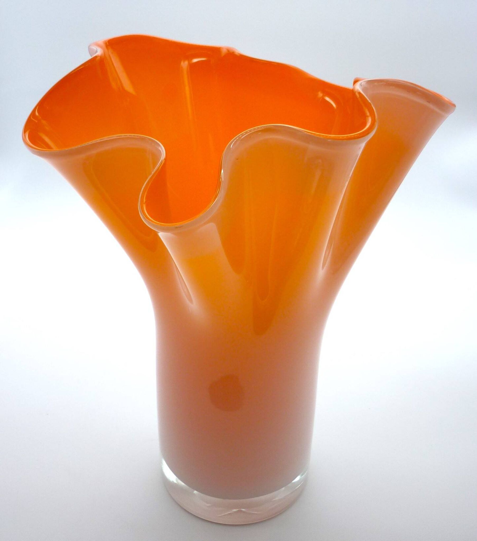 Murano handkerchief vase, blown glass, 1960s design, white and orange.