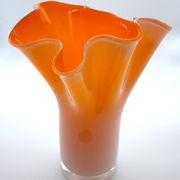 Murano handkerchief vase, blown glass, 1960s design, white and orange.