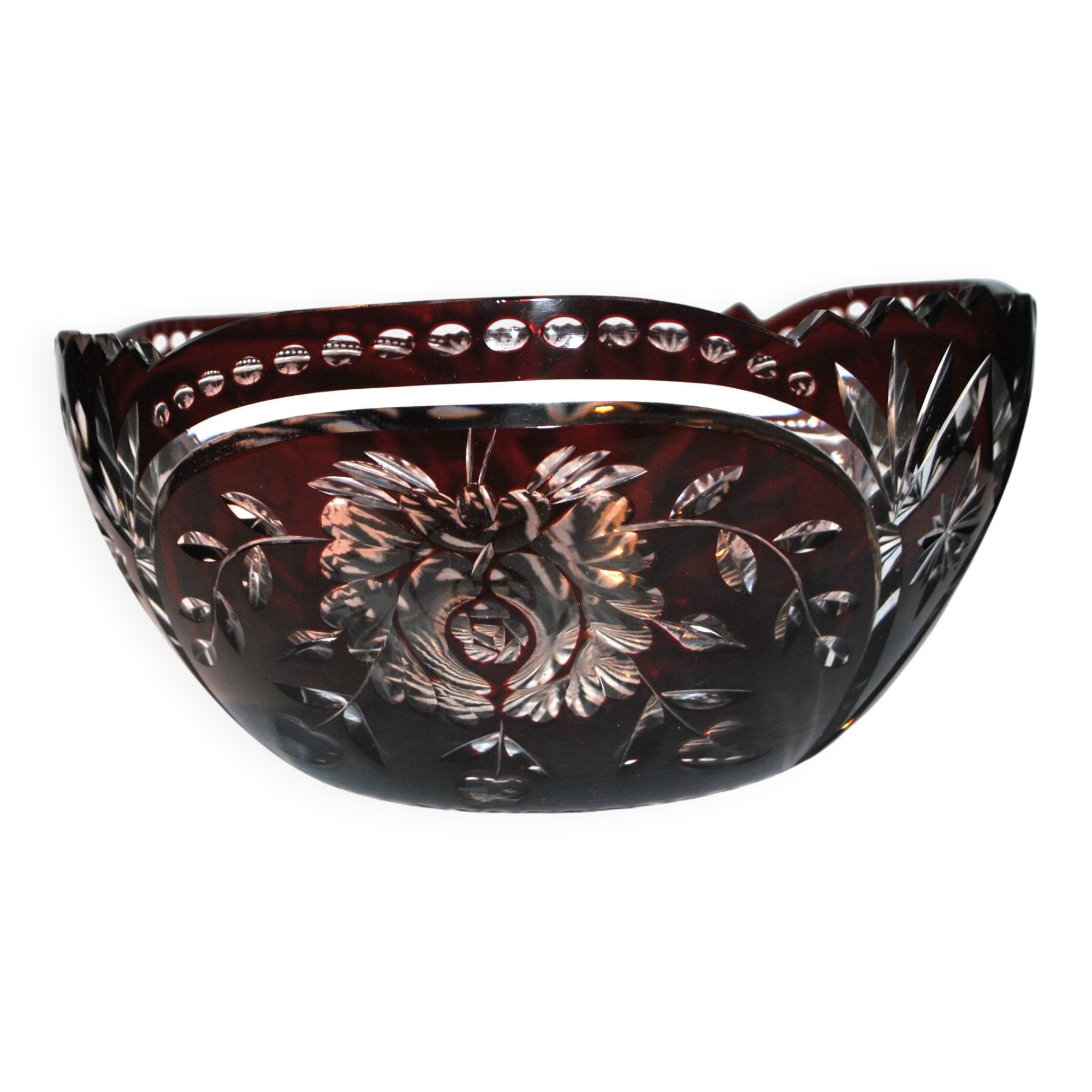 Saint-Louis Crystal Salad Bowl? Lined with Red Bordeaux Overlay Floral