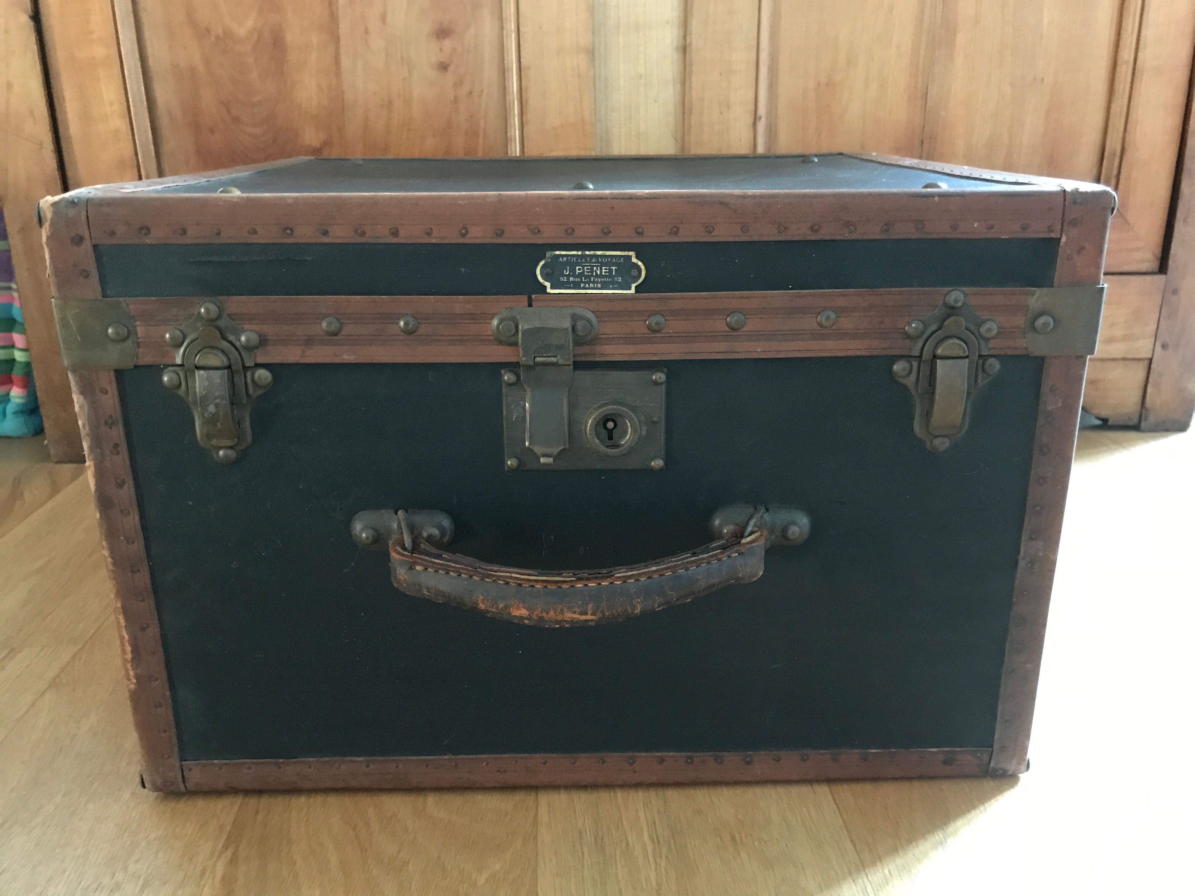 Old square travel trunk J Penet