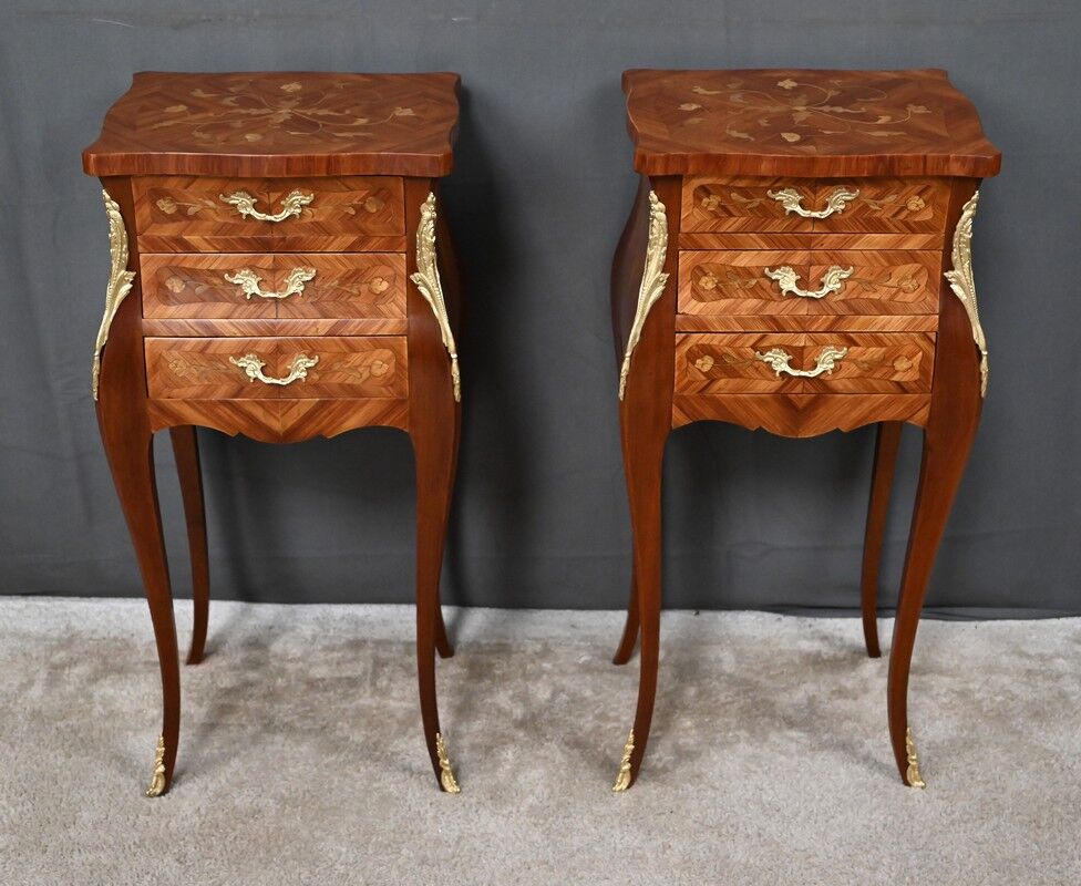Pair of bedside tables in marquetry, Louis XV style – Mid 20th century