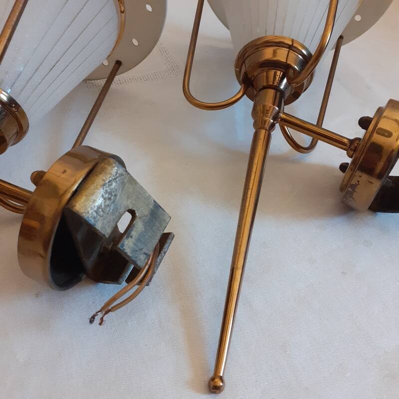 pair of wall-mounted torch lights corner 1950-1960 Arlus or Lunel glass metal