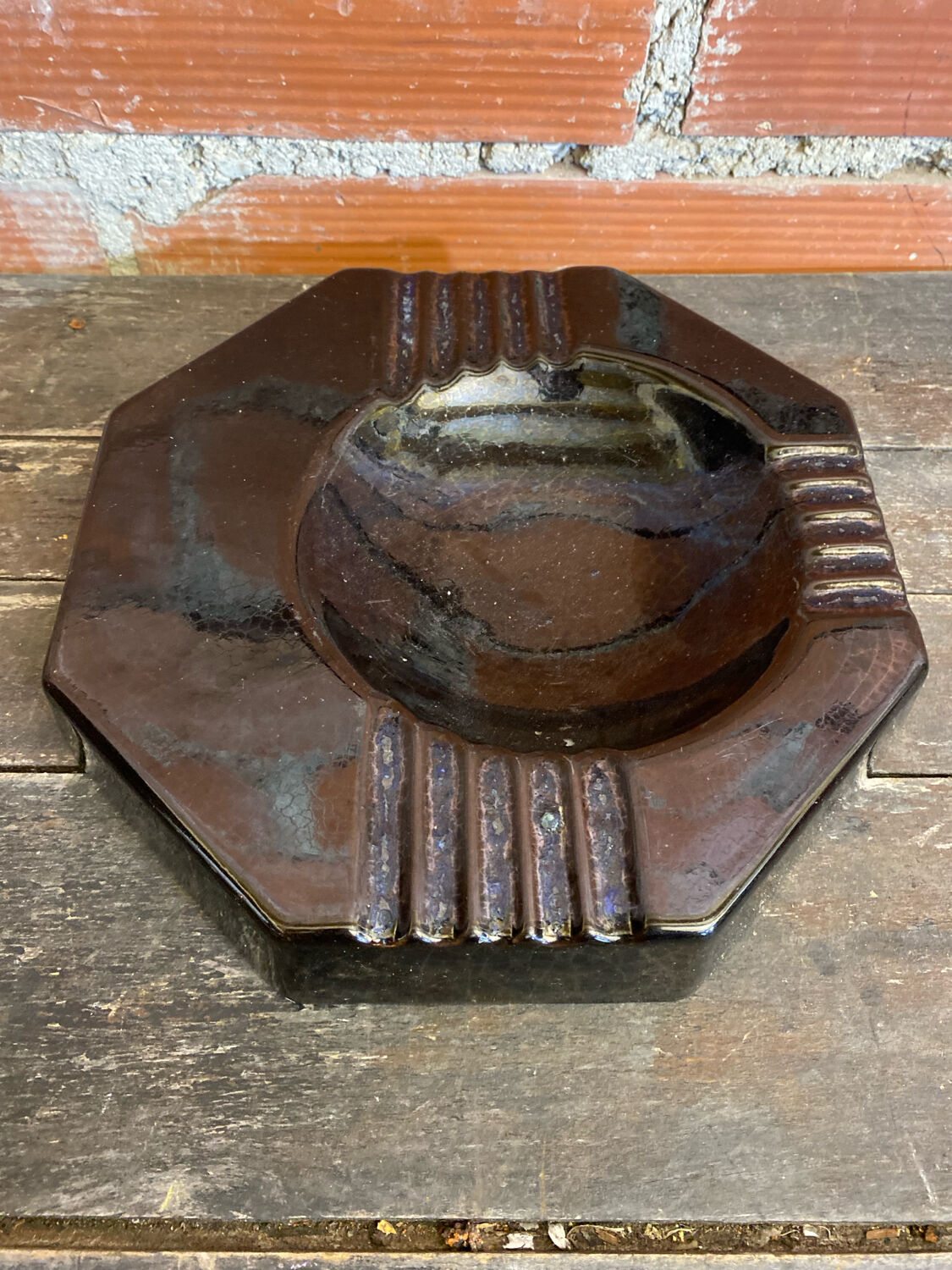 Vintage Black Cracked Ceramic Octagonal Ashtray S. BESSY