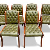 Suite de 6 chaises anglaises Cherterfield en cuir vert