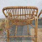 4 armchairs and a coffee table made of rattan and bamboo wood, vintage.