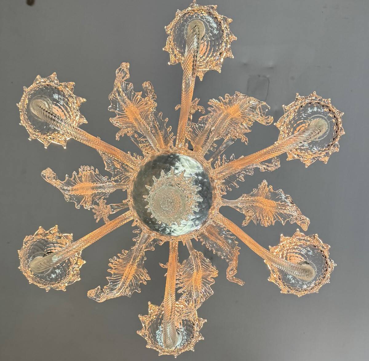 Venetian chandelier in colorless Murano glass with 6 light arms circa 1940