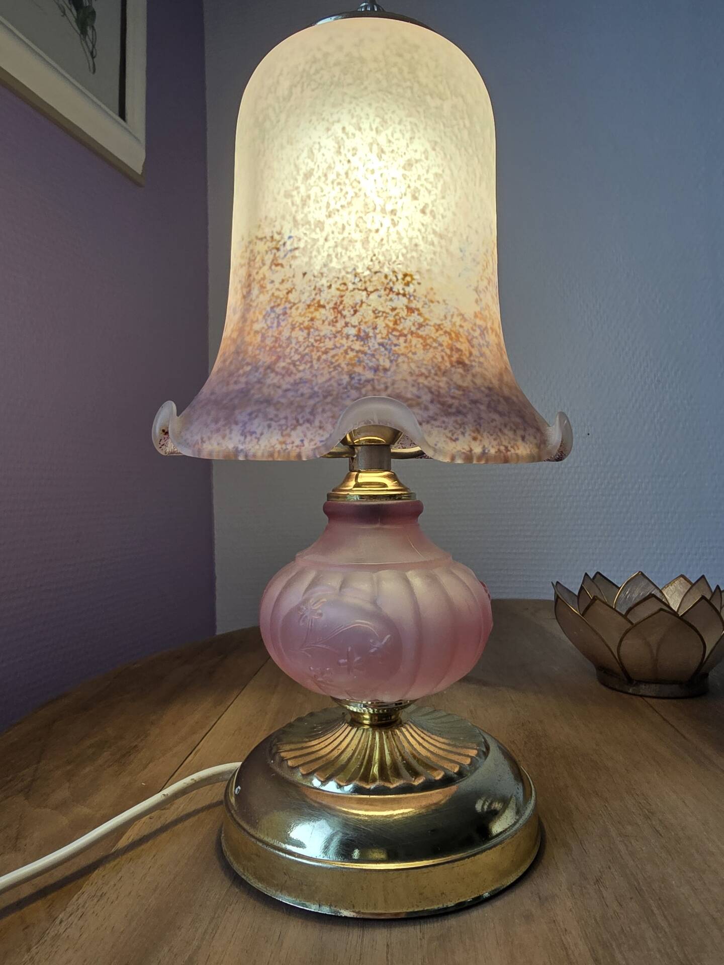 Vintage mushroom lamp pink heart - frosted glass tulip