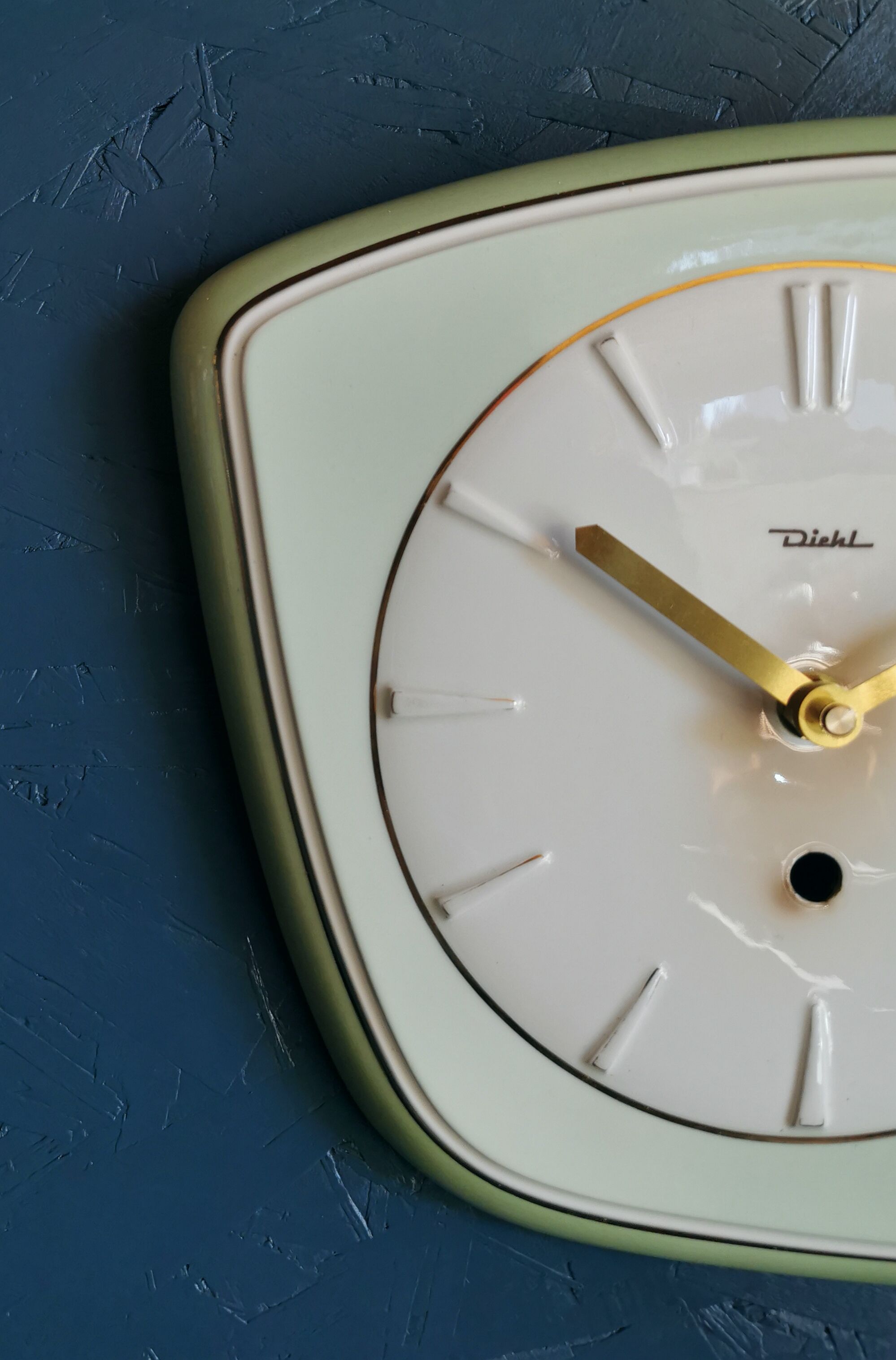 Vintage ceramic clock asymmetrical silent wall clock "Diehl golden green"