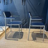 Pair of Gijs Van Der Sluis chairs with armrests in blue with grey steel legs