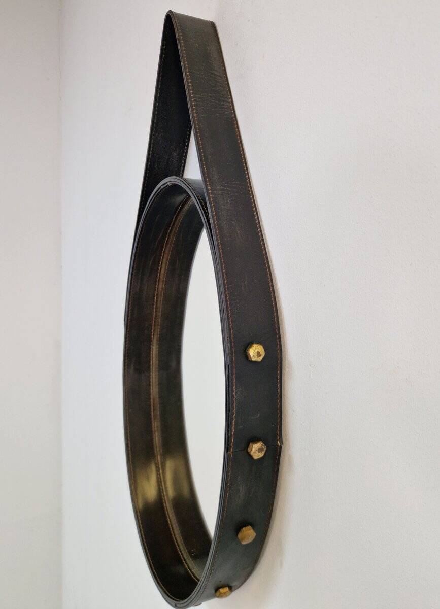 Florentine Oval Leather Mirror in Brass by Jacques Adnet, 1960s