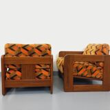 Pair of vintage walnut and velvet fabric sleigh armchairs from the 70s