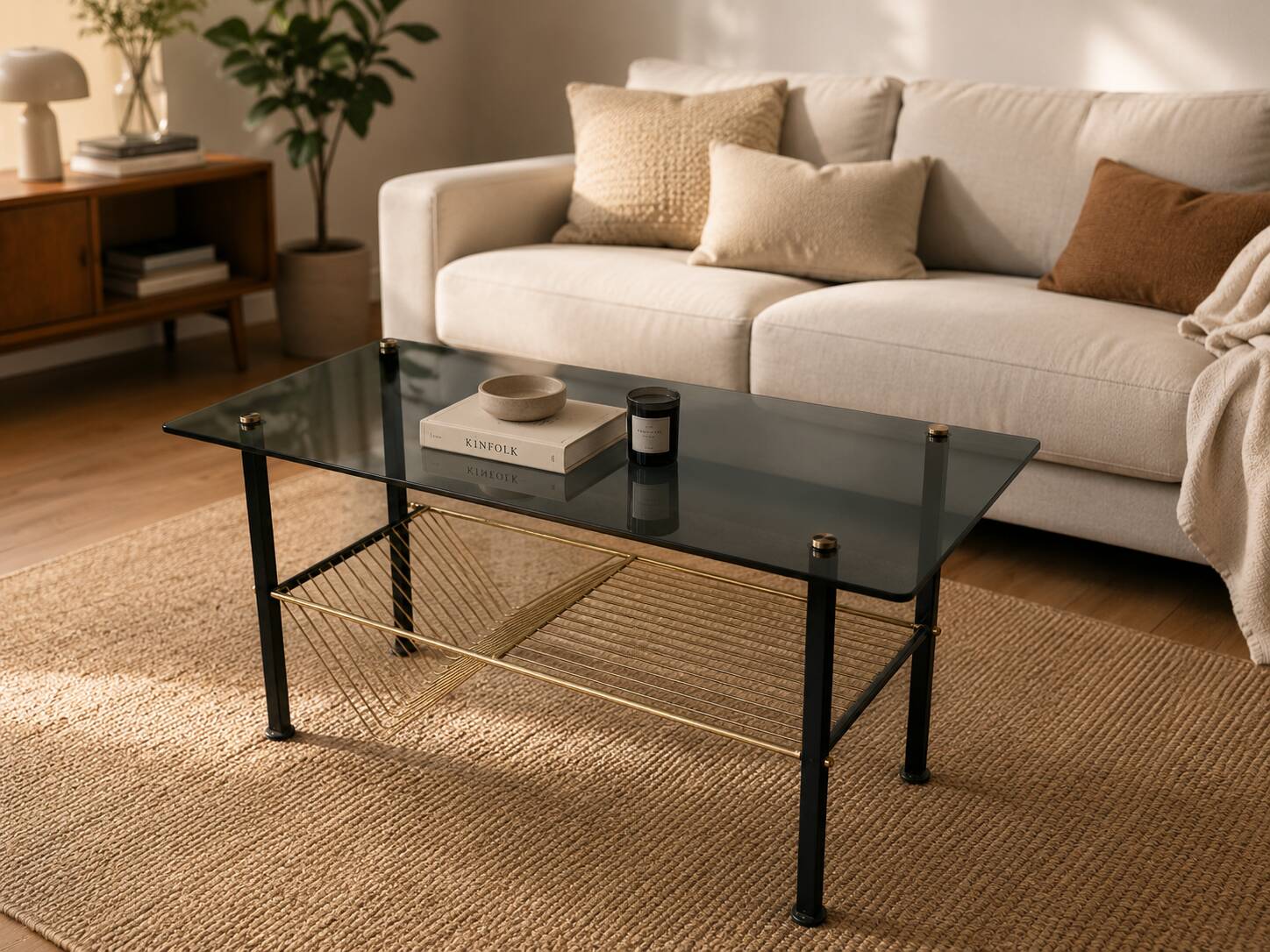 Table basse vintage verre fumé, métal noir et laiton — années 70