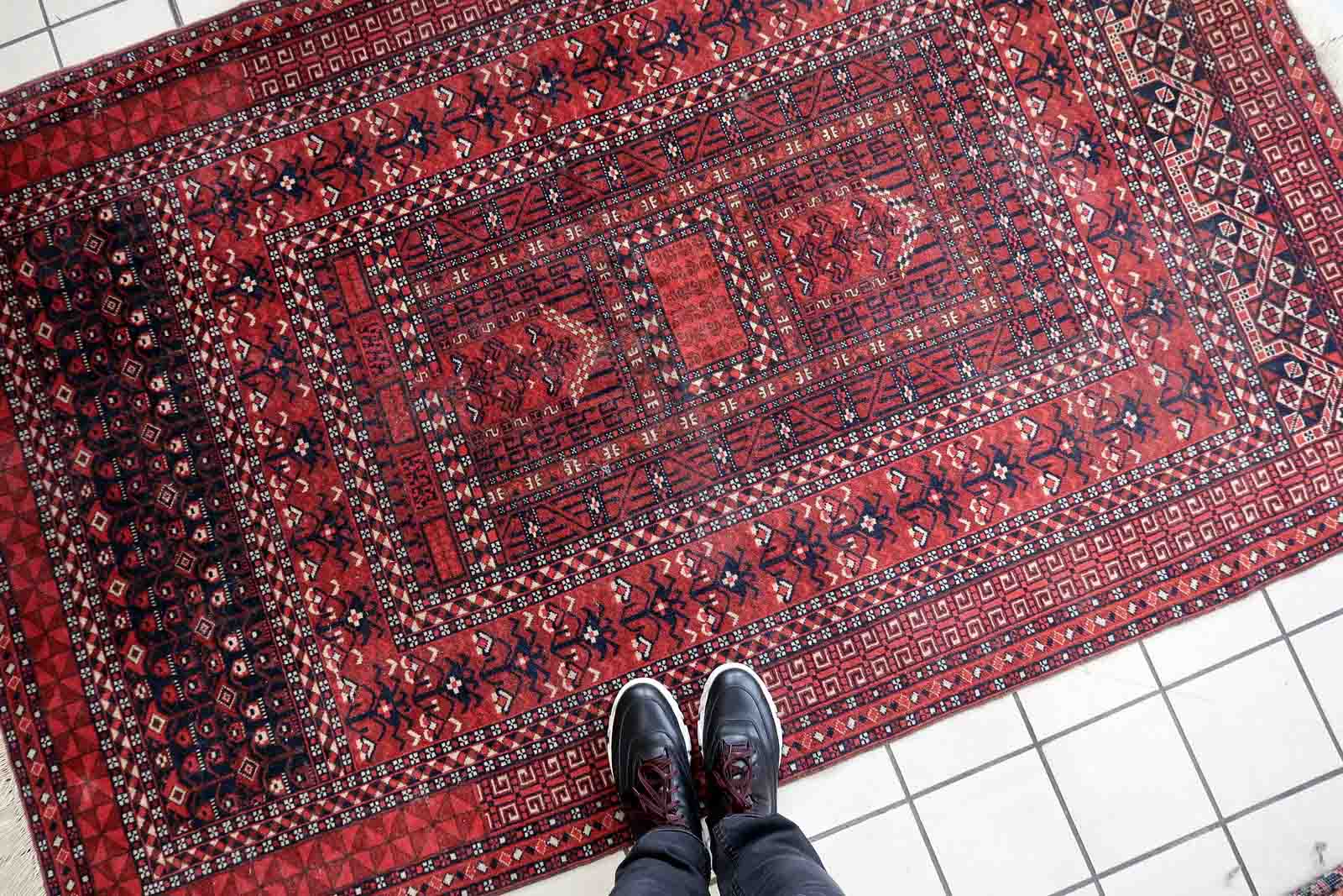 Handmade turkmen hachli vintage rug 142cm x 221cm 1960s