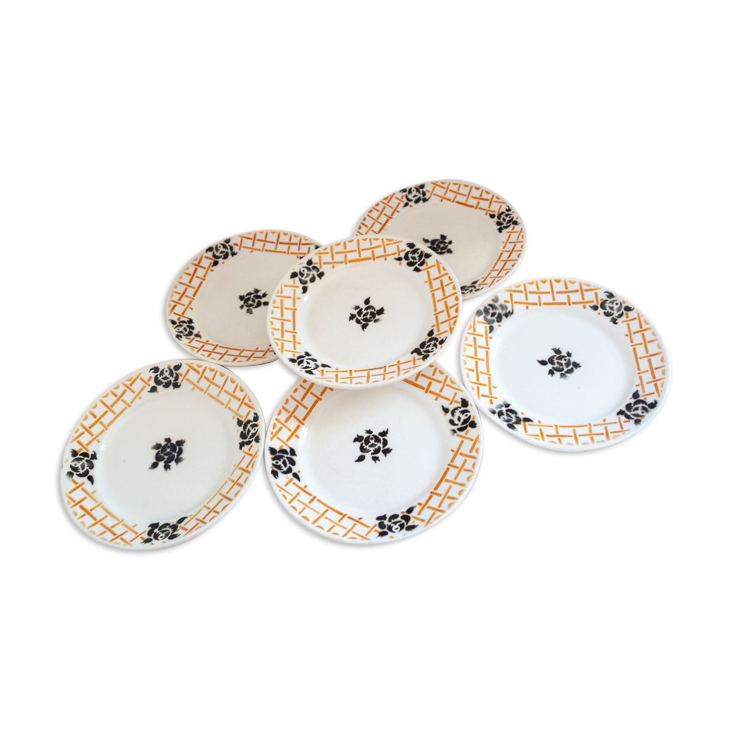 6 plates dessert Badonviller Roscoff black flowers