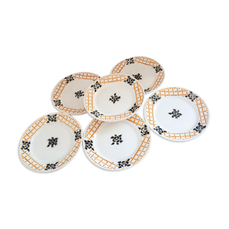 6 plates dessert Badonviller Roscoff black flowers