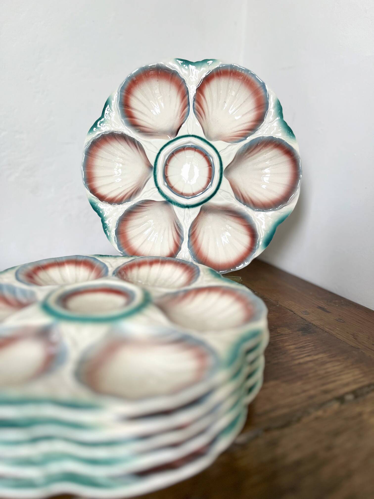 Majolica oyster plates, Digoin & Sarreguemines