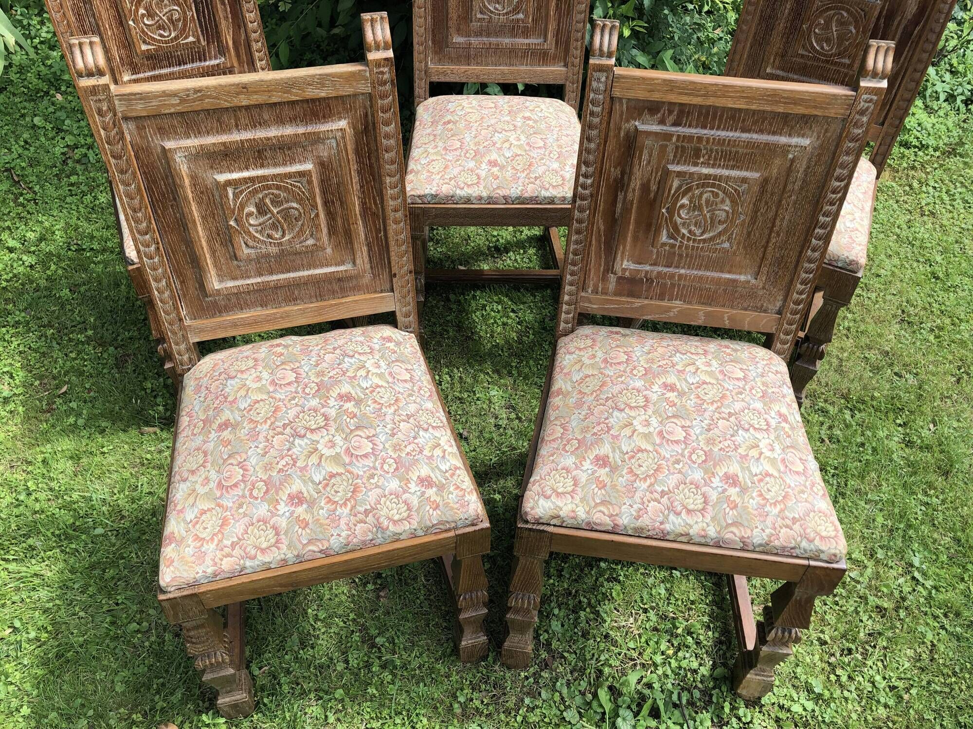 Series of 6 Chairs Neo Basque Wood Carved Cross Basque + Assise Fabric Vintage