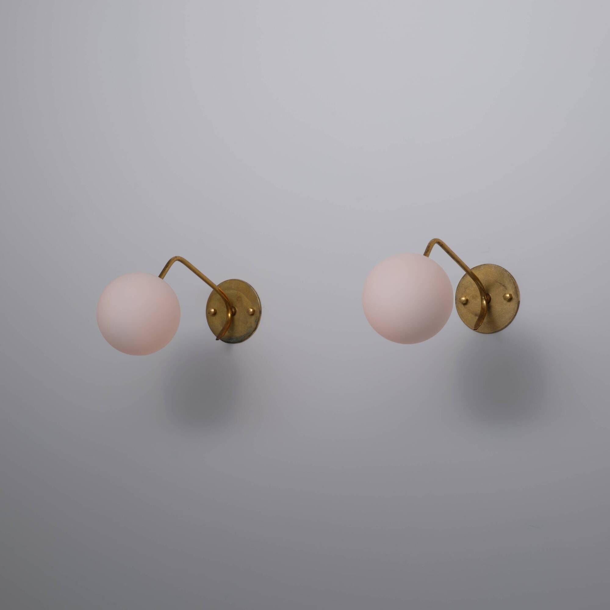 Pair of 1950s Italian Brass Sconces with Opaline Glass Globes