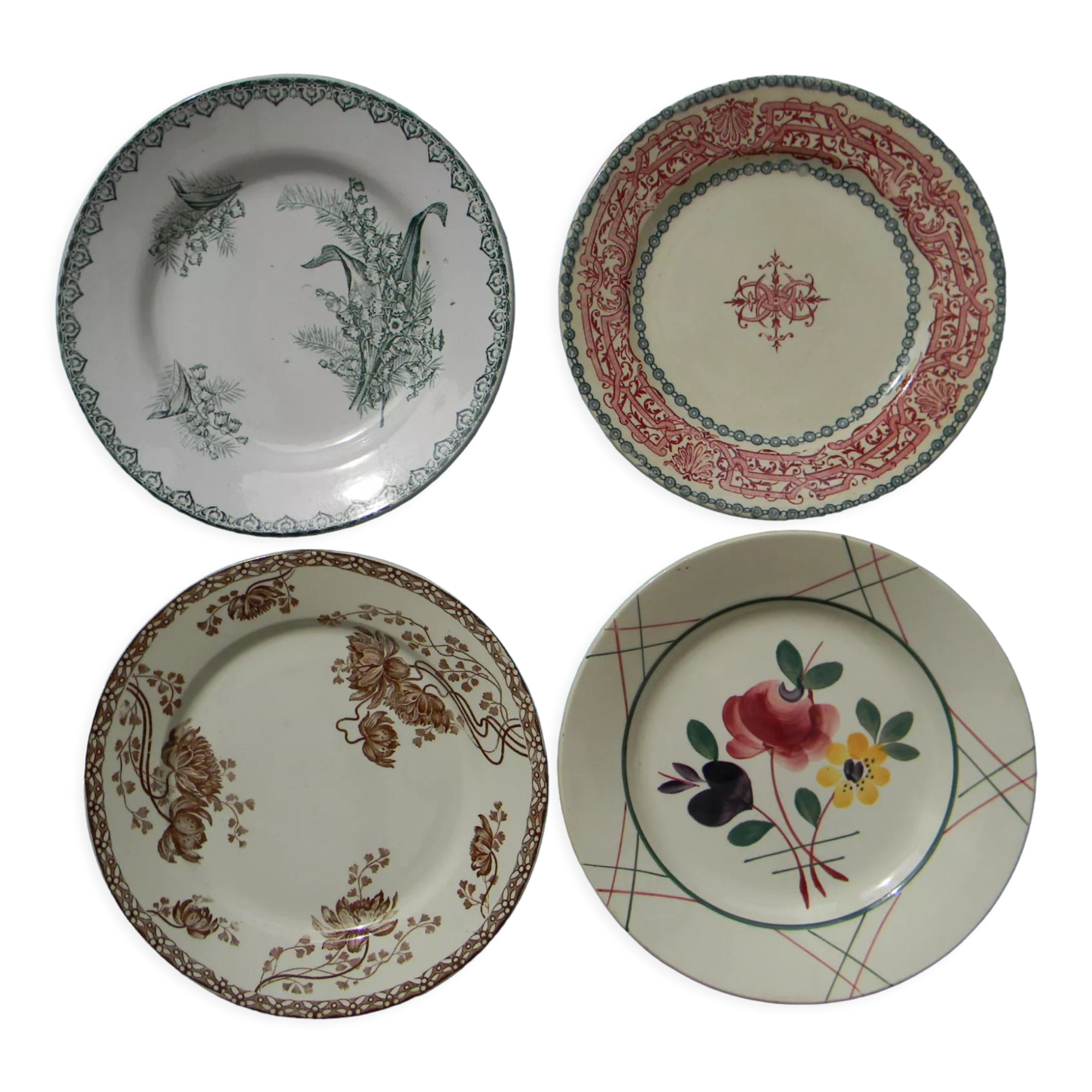 Miscellaneous set of 4 old flat earthenware plates.