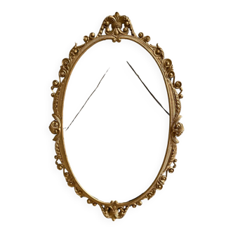Ancien Cadre De Miroir Oval Fronton Noeud Style Louis XV Bronze Doré