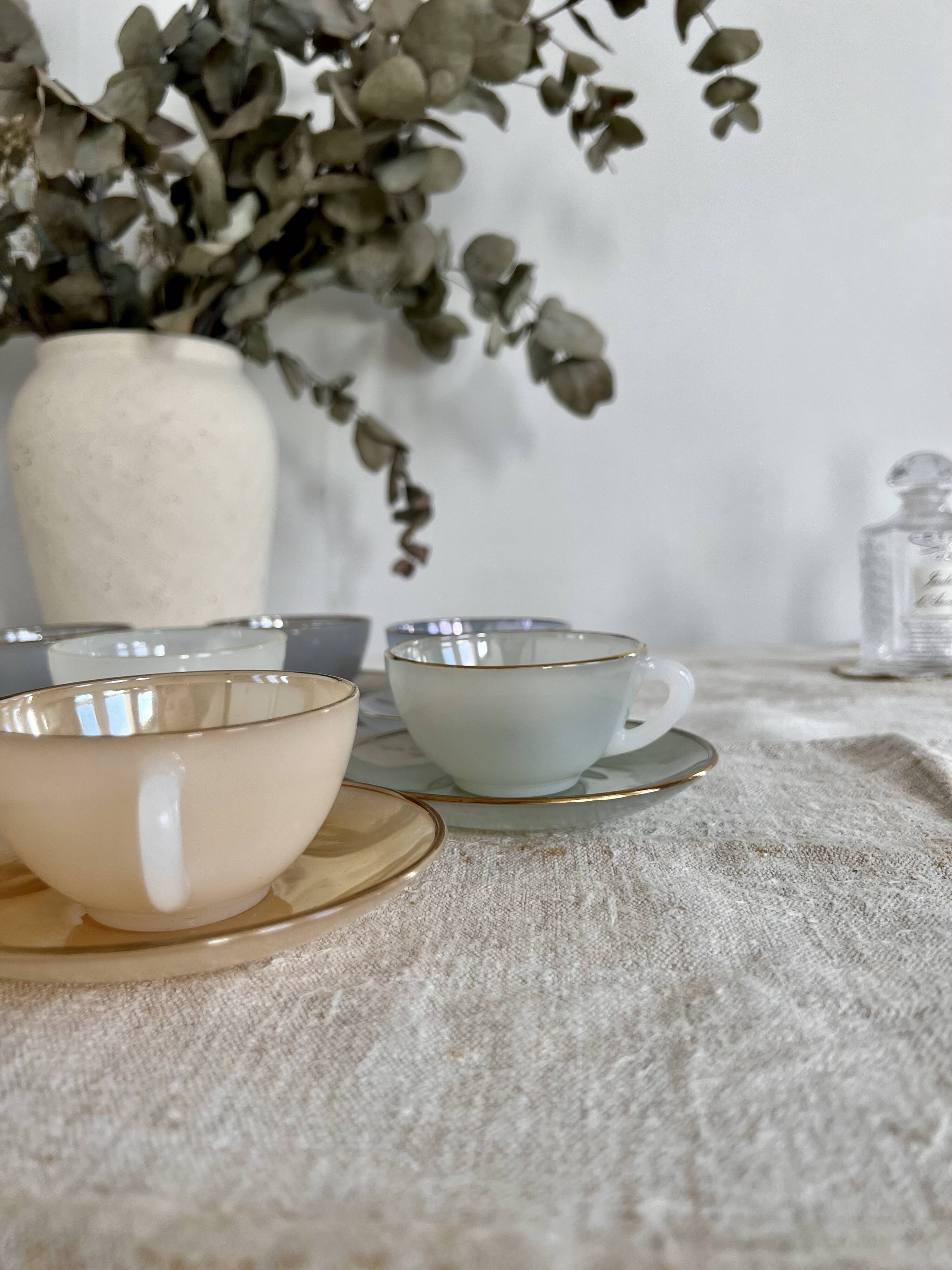 8 vintage cups and saucers Arcopal Harlequin opaline pastel tones with gold edging