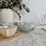 8 vintage cups and saucers Arcopal Harlequin opaline pastel tones with gold edging