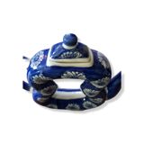 Théière asiatique ancienne de forme toroïdale en porcelaine bleue décor fleuris XX ème
