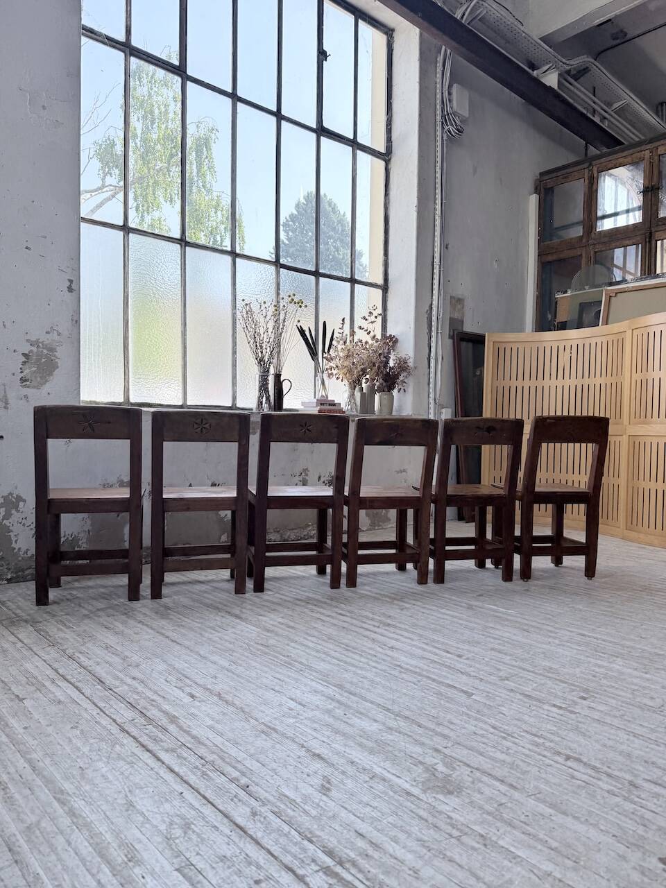 Set of 4 Savoyard pine folk art chairs from the 1950s.