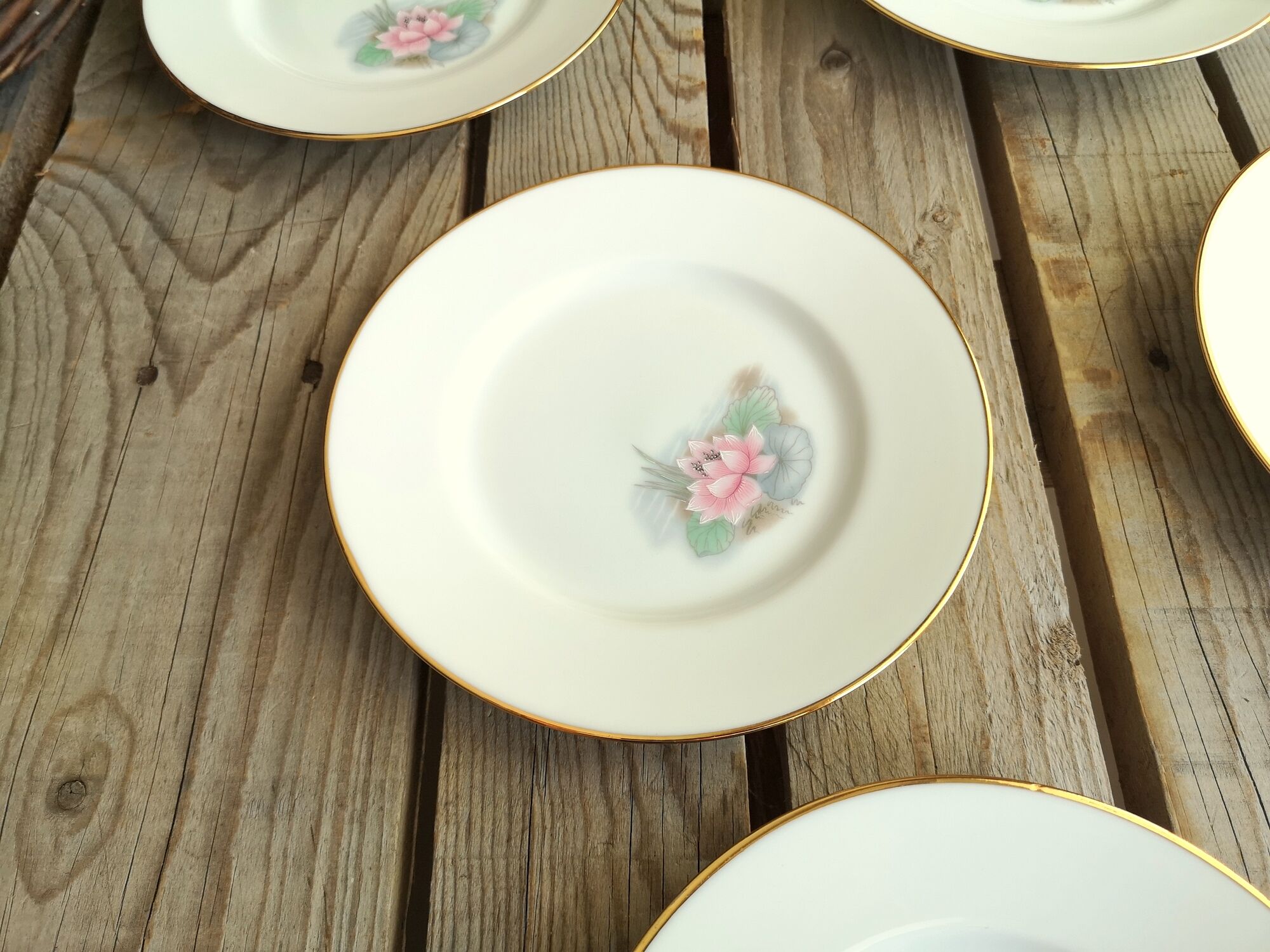 6 small plates signed Limoges France with nenuphar decor and golden border