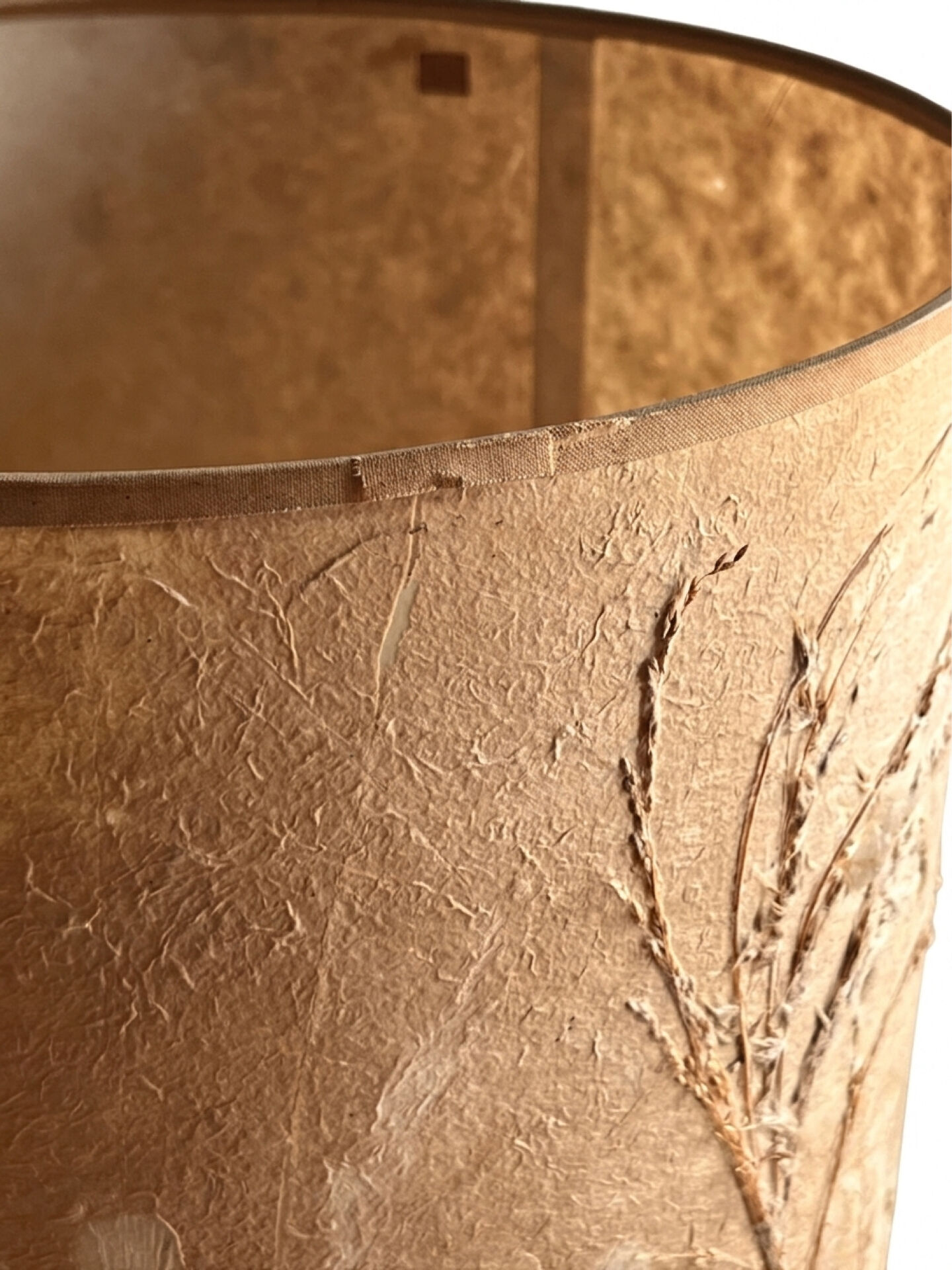 1970s brutalist lamp, handmade lampshade with herbarium/base in stone.