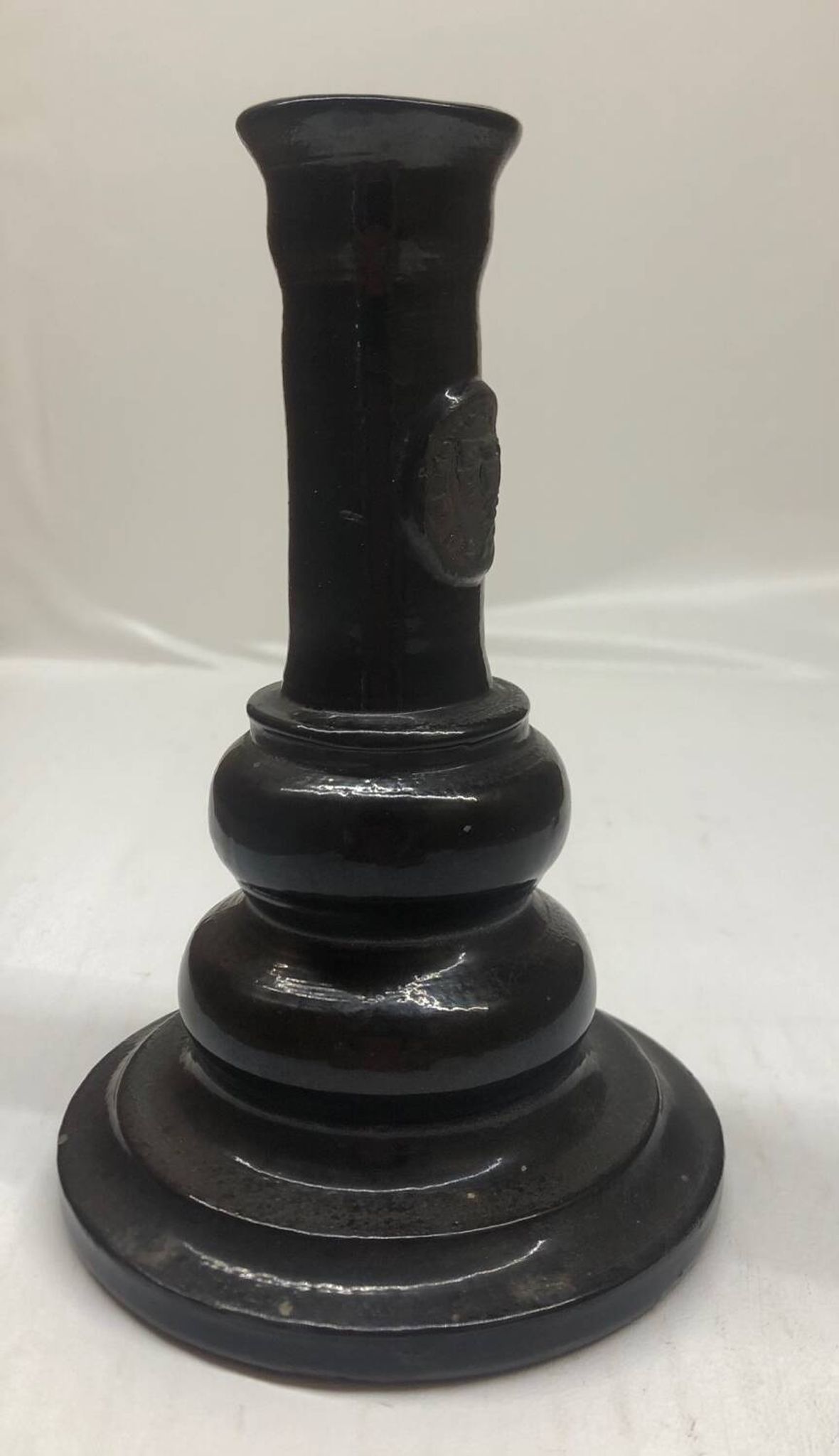 Vintage black ceramic candle holder signed AP