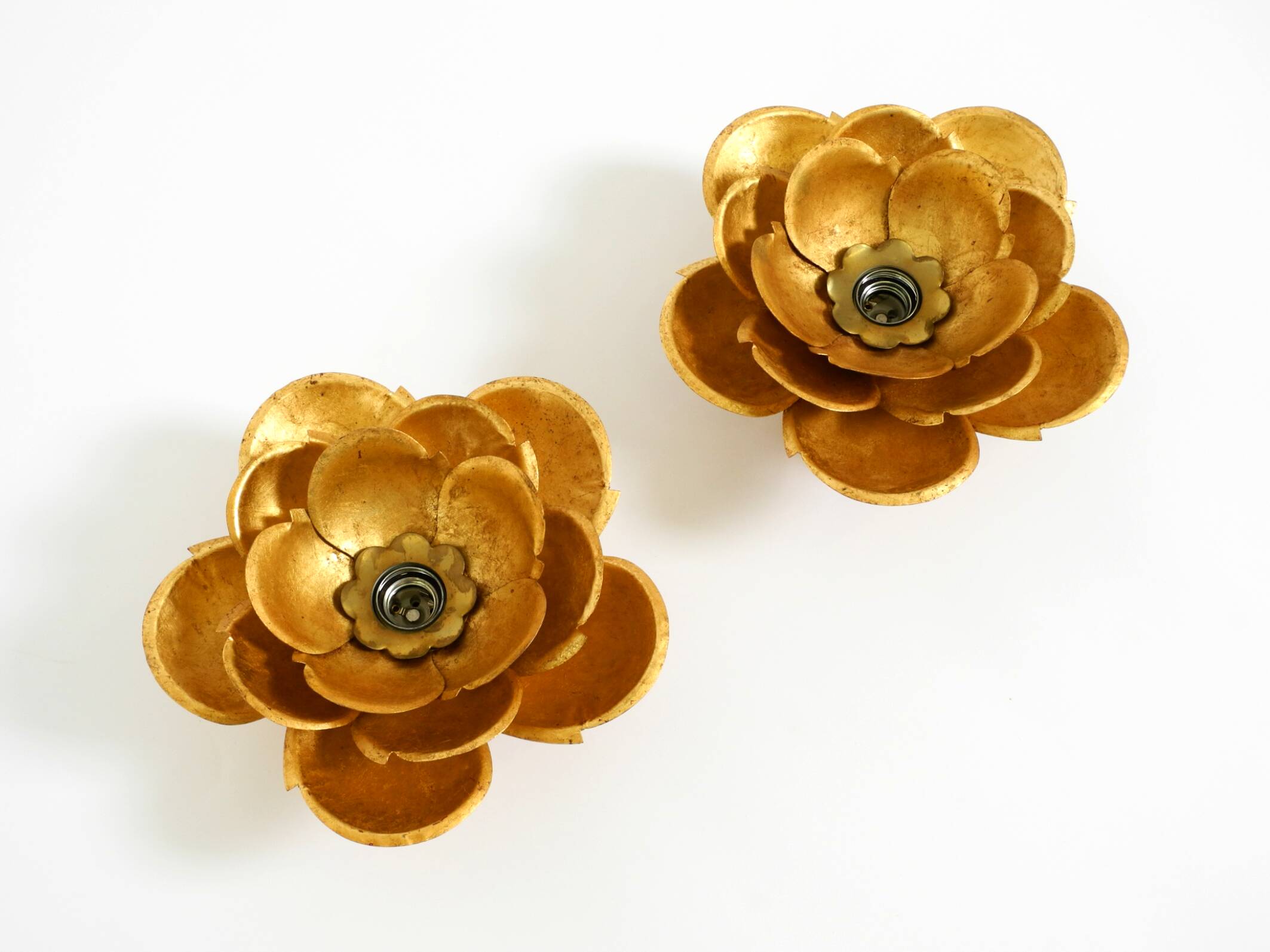 Two beautiful, large, gilt wall lamps, "Water Lily," Italy, 1960s