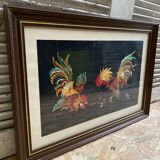 Old tapestry canvas g. perrin roosters signed + wooden frame #b549