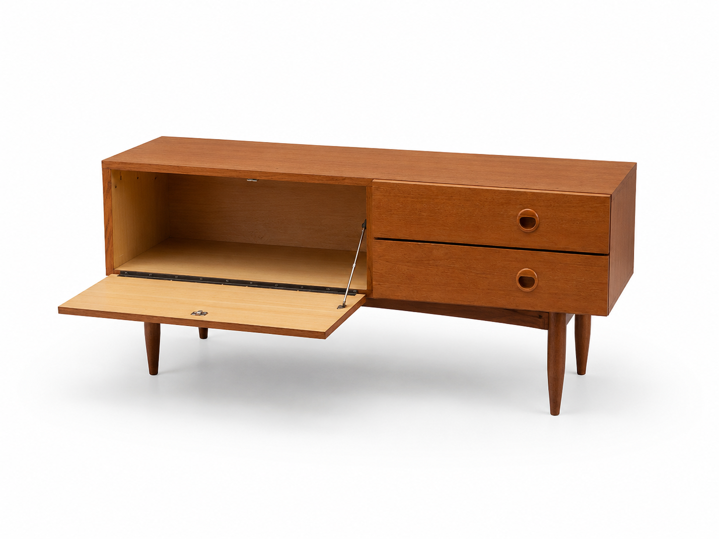 Teak sideboard with flap, 2 drawers and conical legs.