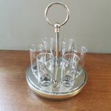 6 shot glasses on vintage metal support