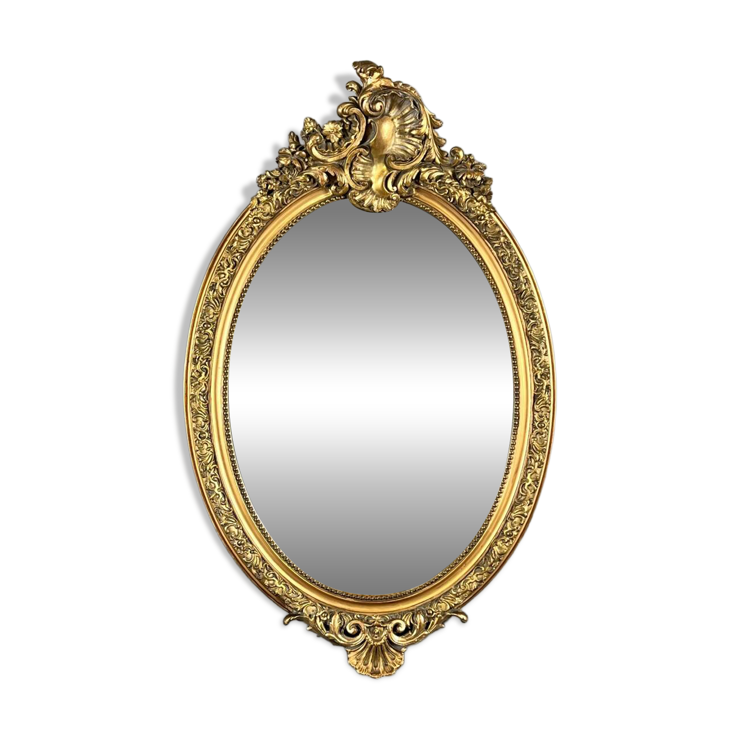 Oval gilded wooden mirror in Louis XV style, 19th century