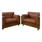 Pair of Cognac Leather Club Armchairs & Wood - Italian Design - 1970s