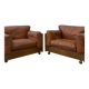 Pair of Cognac Leather Club Armchairs & Wood - Italian Design - 1970s
