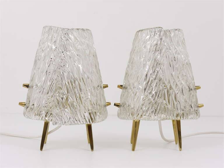Pair of mid-century brass and textured glass table lamps, Austria, 1950s