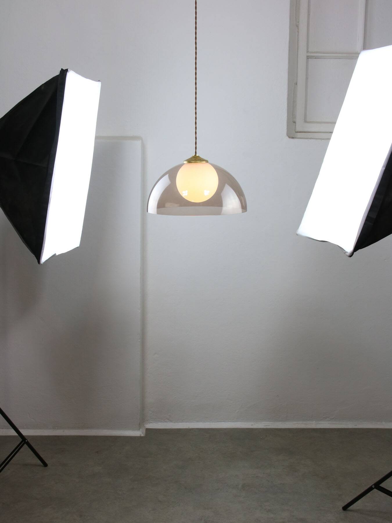 Space-age italian brass, opaline and plexiglass pendant lamp