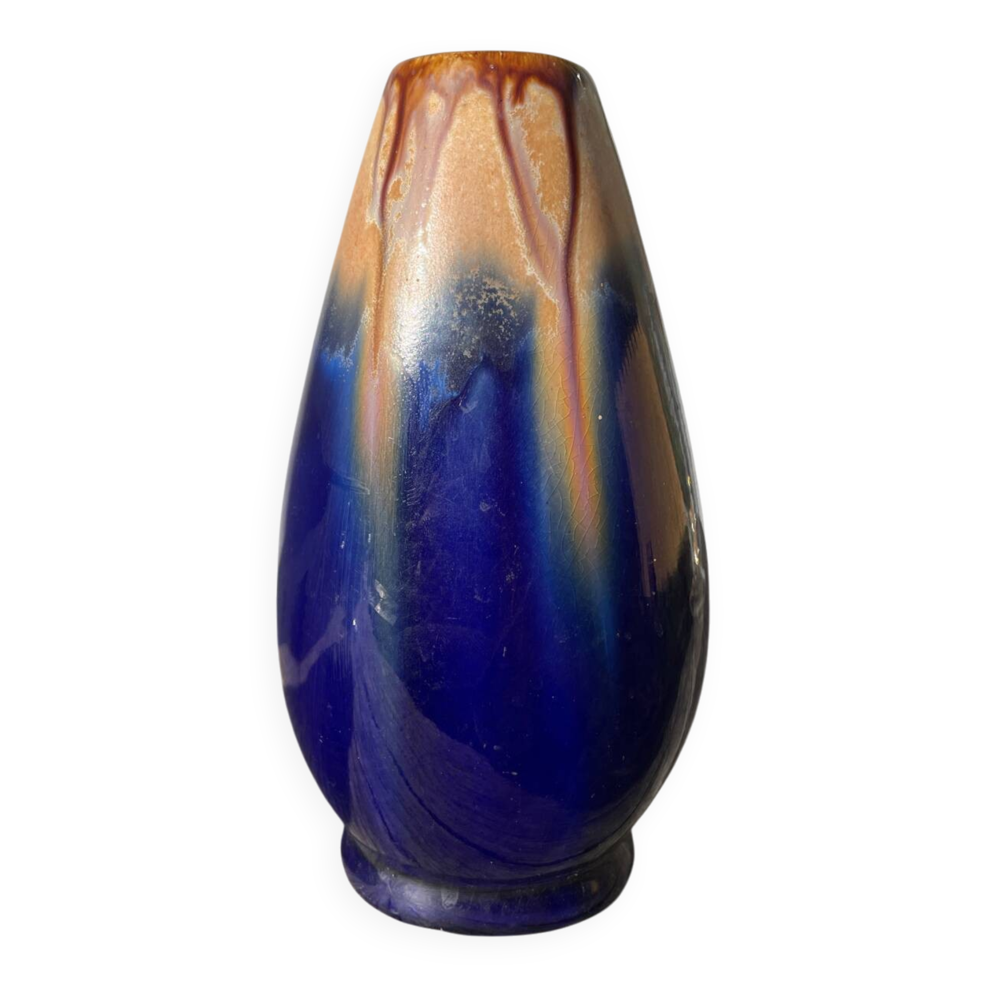 Belgian vase in blue and beige flamed stoneware