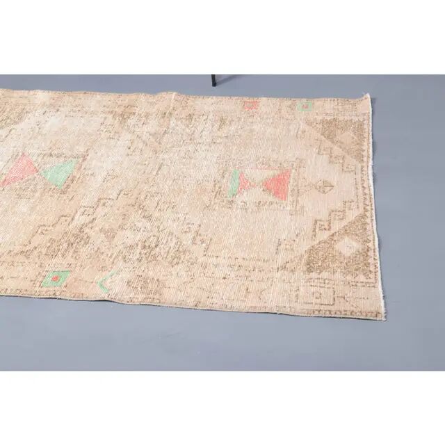 Vintage Turkish Hand-Knotted Wool Cotton Beige Runner Rug 111x305