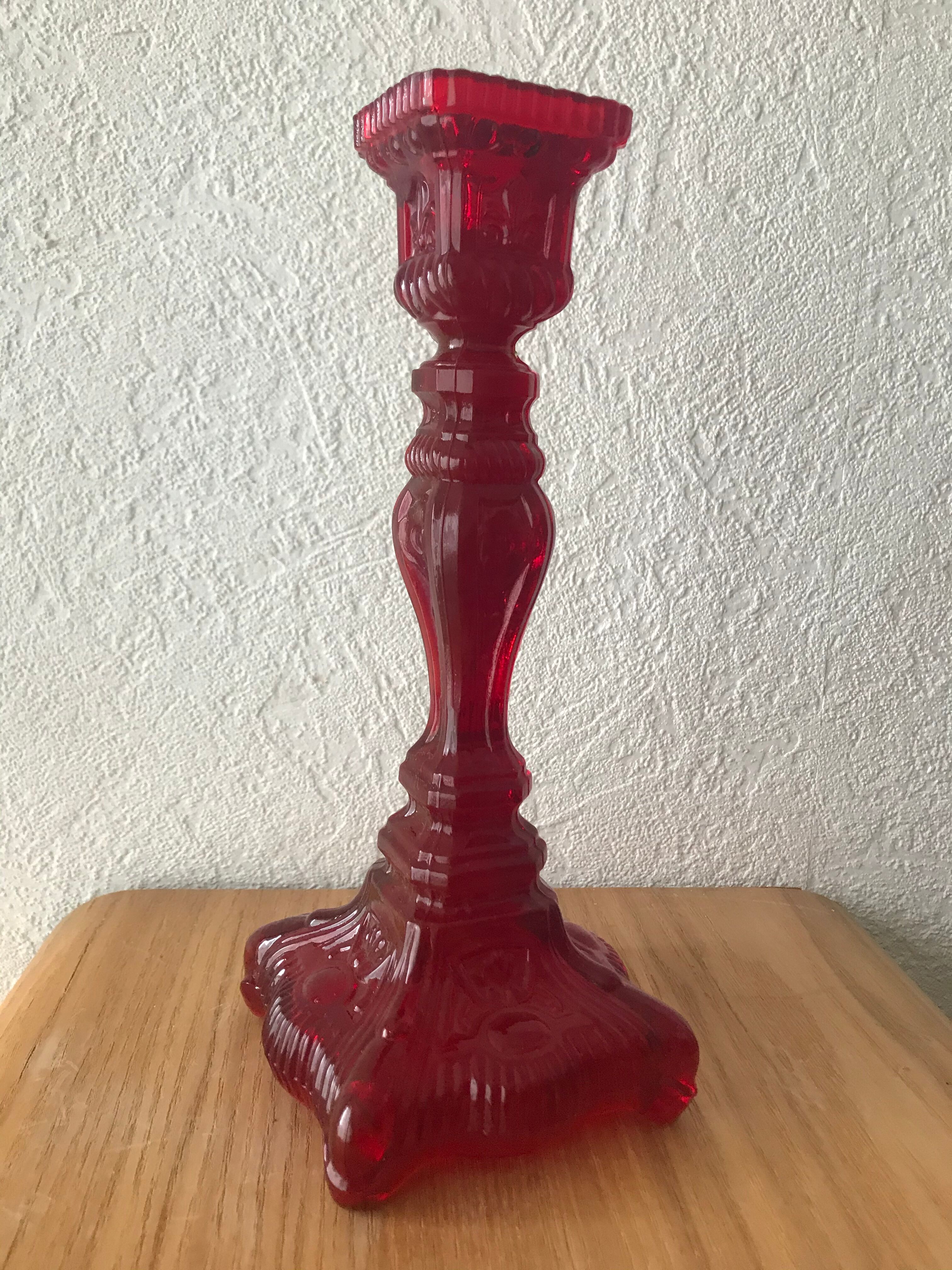 Red molded glass candlestick