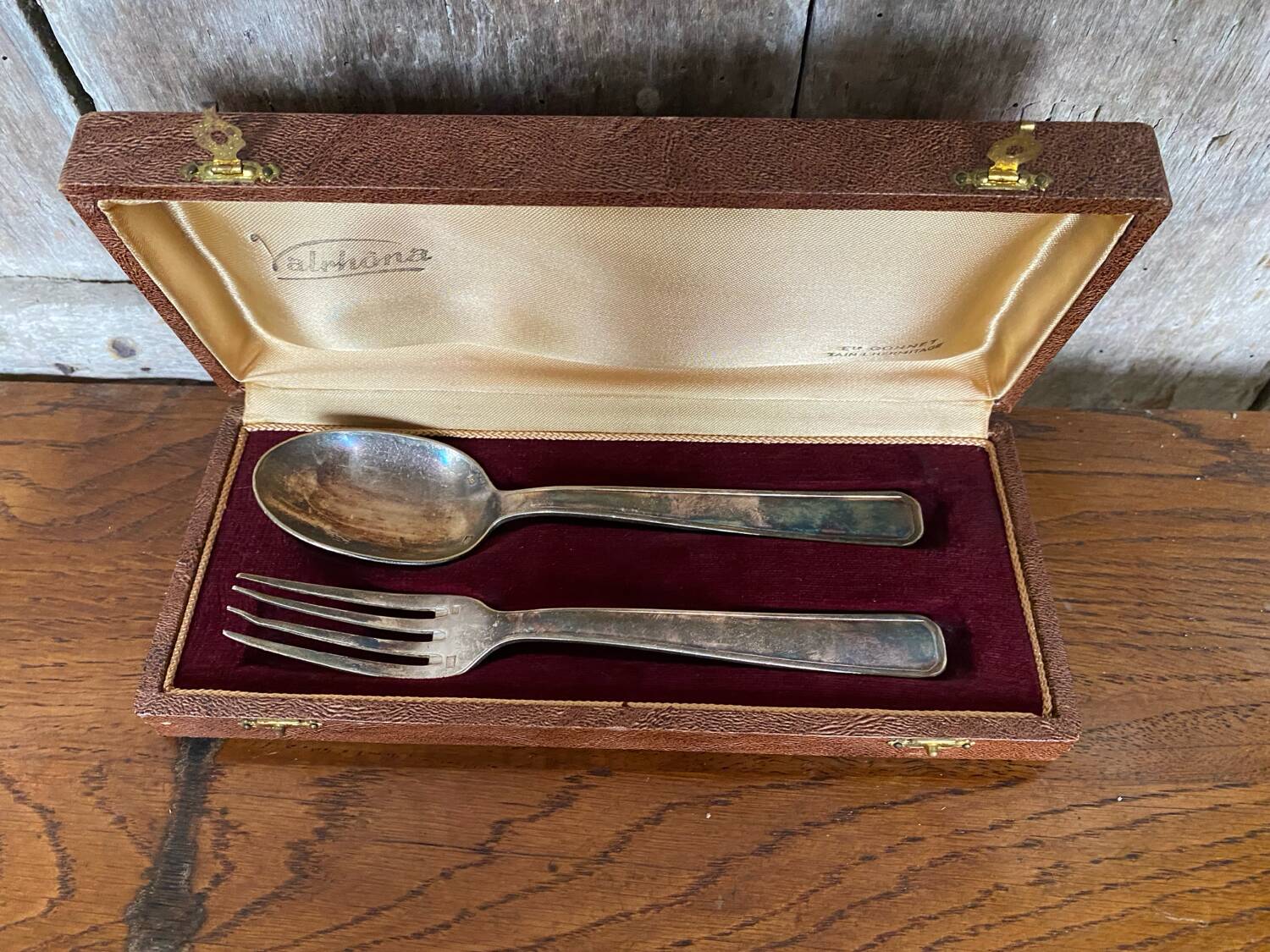 Ancien Couvert Fourchette & Cuillère Metal Argenté + Boite Parure Vintage #B337