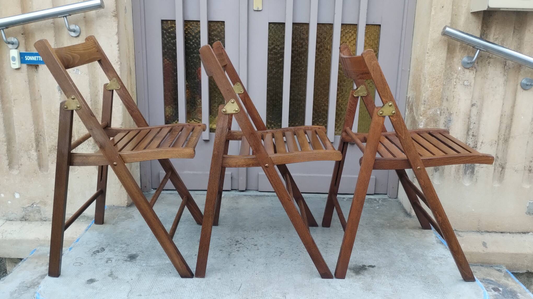 Set of 3 vintage solid wood folding chairs