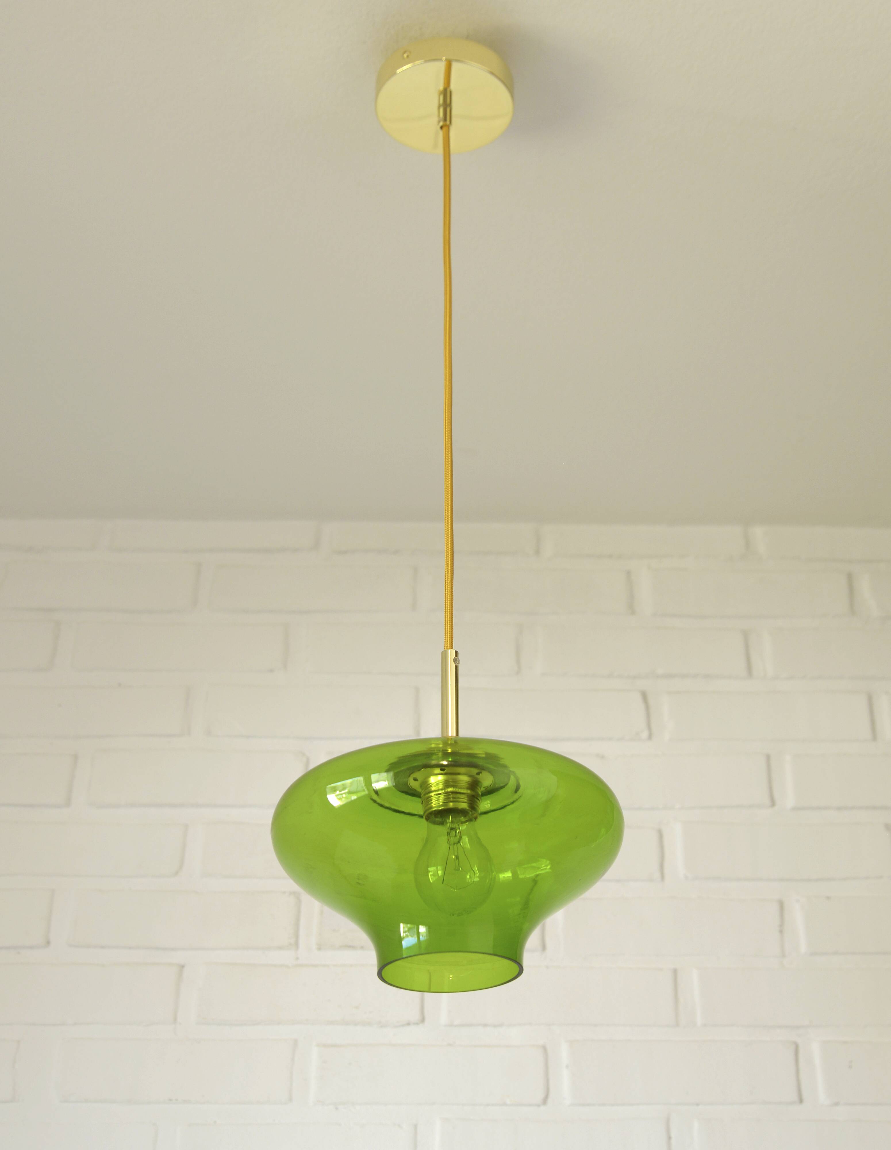 Vintage Pendant Light  Hand Blown Green Glass MCM Bar Hanging Cool Lamps