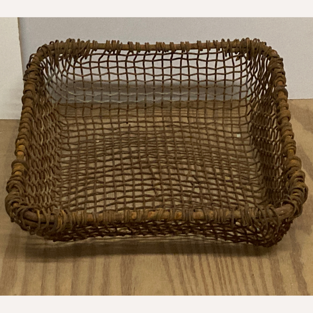 Antique woven rustic metal fireplace basket, Netherlands ca 1900